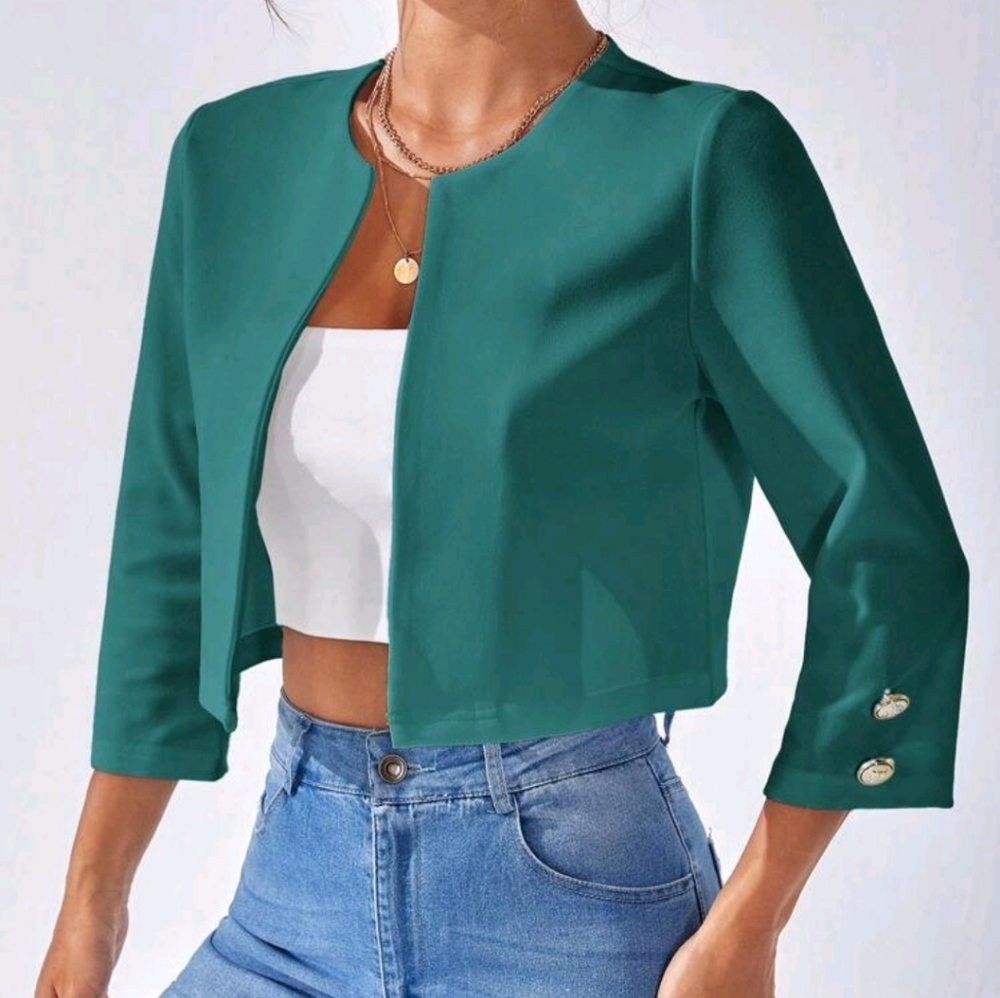 Women's Green 3/4 Sleev Open Front Cropped Jacket